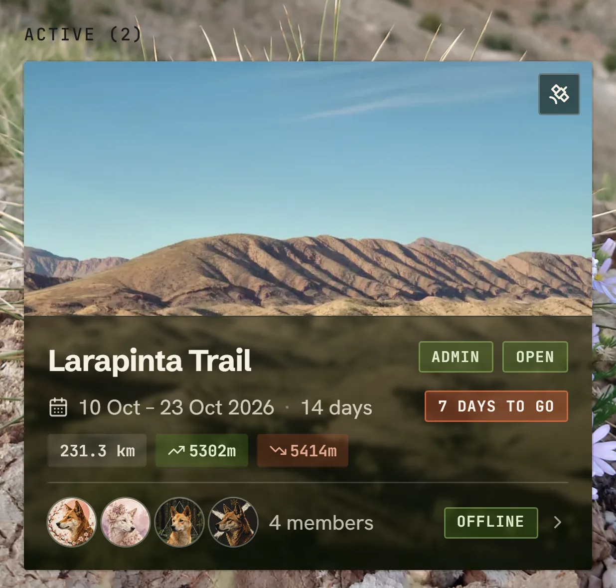 The Larapinta hike card in the Android app, marked Offline