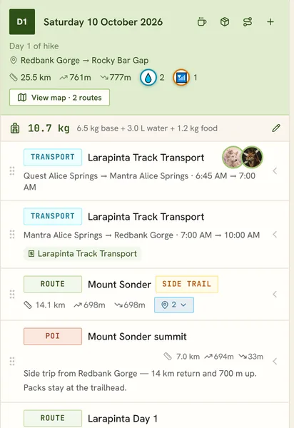 Day 1 of the Larapinta itinerary: transport, the Mount Sonder side trail and the walk to Rocky Bar Gap, with a 10.7 kg pack