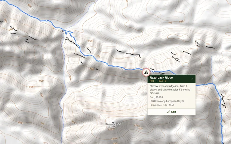 Larapinta Day 9 on a shaded topo map, with the Razorback Ridge point of interest open: a narrow, exposed ridgeline