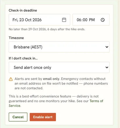 Setting a post-hike check-in deadline: Friday 23 October, 6:00 PM