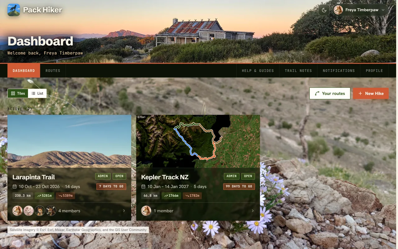 The Pack Hiker dashboard with tiles for the Larapinta Trail and Kepler Track hikes